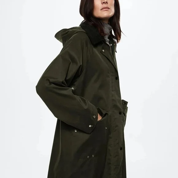 Mango Olive Green Long Trench Coat with Hood - Picture 2 of 3
